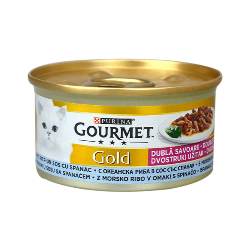  تصویر کنسرو غذای گربه گورمت با طعم ماهی و اسفناج Gourmet Gold Fish & Spinach In Gravy وزن ۸۵ گرم 