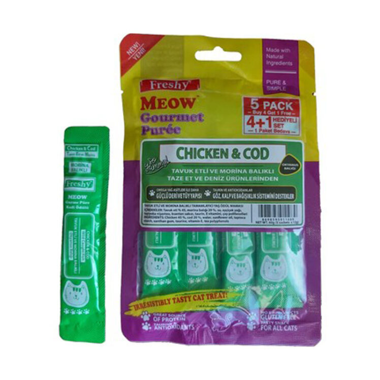 تصویر بستنی گربه با طعم مرغ و ماهی اقیانوس کاد فرشی Freshy Puree Chicken & Cod بسته 5 عددی 