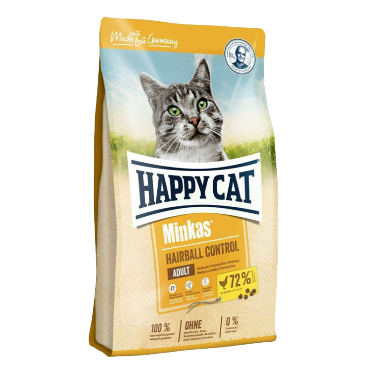 عکس بسته بندی غذای خشک گربه هپی کت مدل Minkas HairBall Control وزن 10 کیلوگرم 