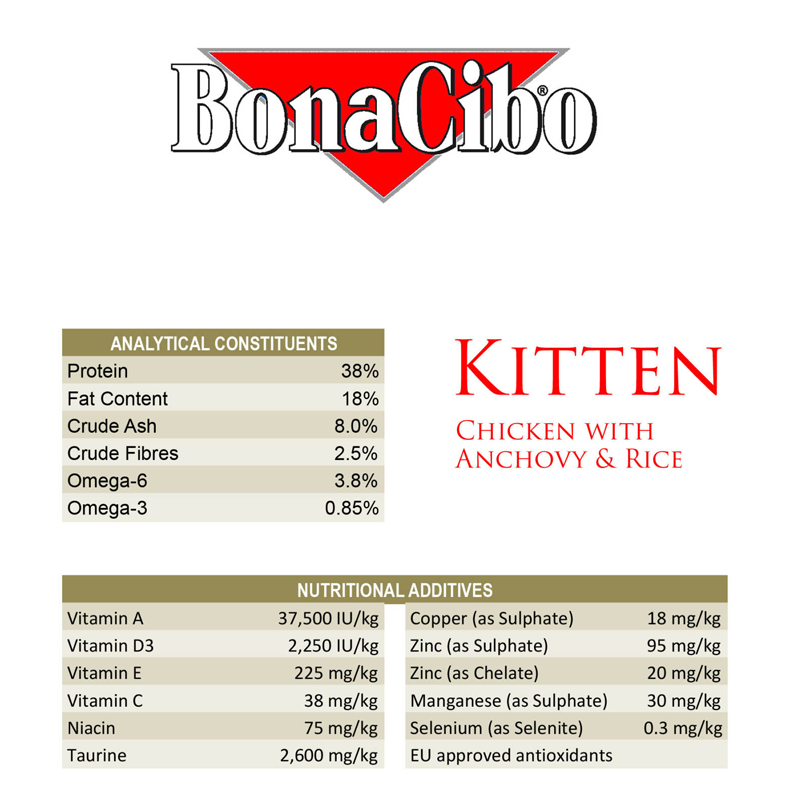  عکس اطلاعات غذای خشک بچه گربه بوناسیبو مدل Kitten Chicken with Anchovy & Rice وزن 1.5 کیلوگرم 