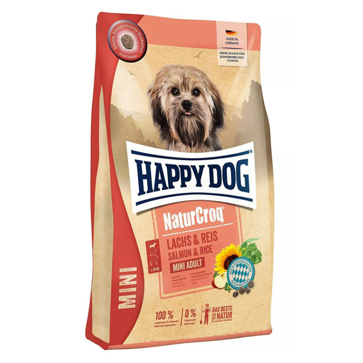 عکس بسته‌بندی غذای خشک سگ بالغ نژاد کوچک هپی داگ با طعم مرغ و سالمون Happy Dog NaturCroq Mini Adult وزن 4 کیلوگرم