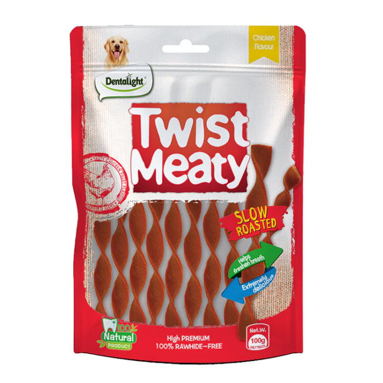 تصویر بسته بندی تشویقی سگ پیچی دنتالایت با طعم گوشت مرغ وزن 100 گرم