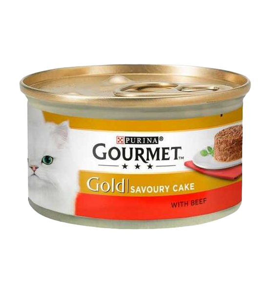  عکس بسته بندی کنسرو غذای گربه گورمت مدل Gold Beef Savoury Cake وزن ۸۵ گرم 