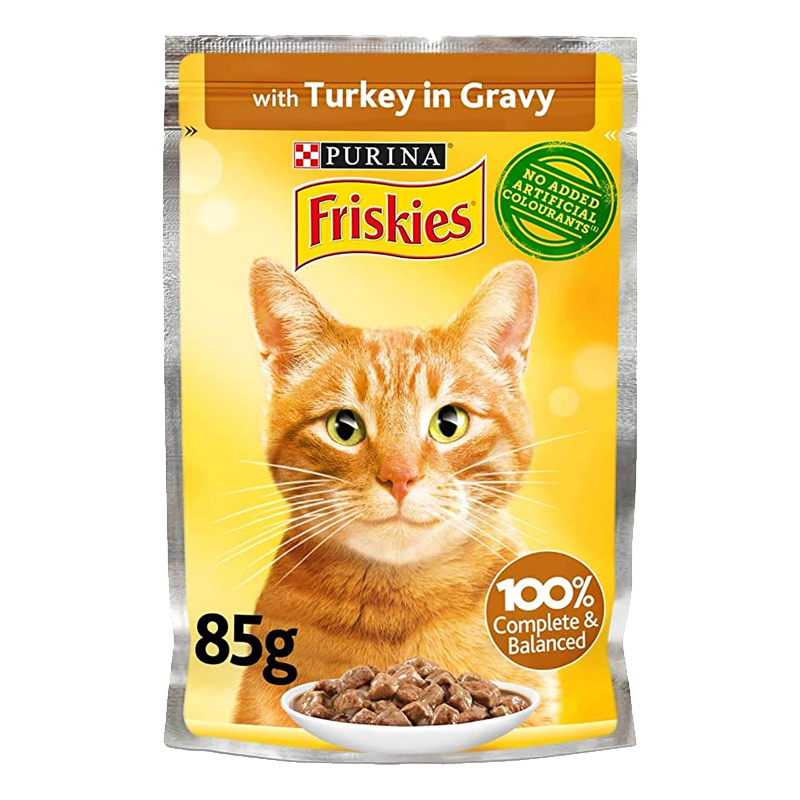  عکس روی بسته بندی پوچ گربه فریسکیز مدل Turkey in Gravy وزن 85 گرم 