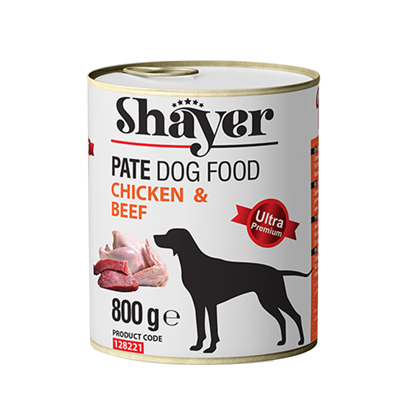  عکس بسته بندی کنسرو غذای سگ شایر مدل Chicken & Beef وزن 800 گرم 