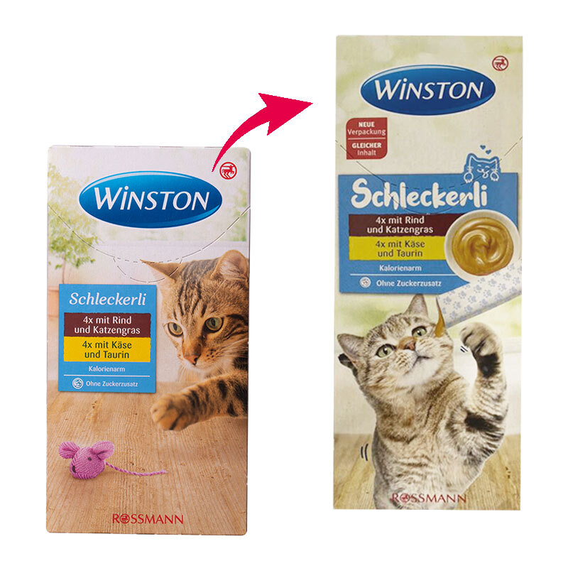  تصویر بسته بندی قبلی و جدید بستنی گربه وینستون مدل Beef & Cheese بسته 8 عددی 