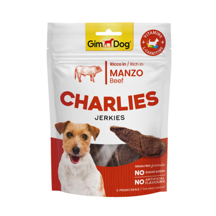 عکس تشویقی سگ جیم داگ چارلیز با طعم گوشت GimDog Charlies Jerkies Beef Dog Treat وزن 70 گرم