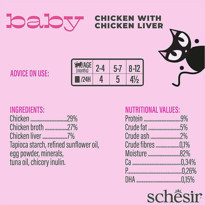  عکس محتویات پوچ بچه گربه شسیر با طعم مرغ و جگر مرغ Schesir Baby Mousse With Chicken and Chicken Liver وزن 70 گرم 