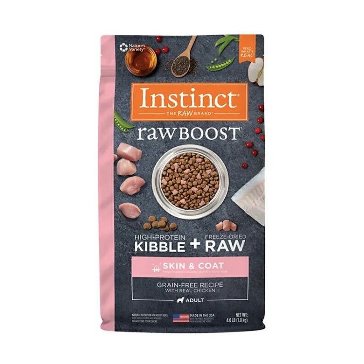 تصویر پشت غذای خشک مناسب برای پوست و مو سگ بالغ با طعم مرغ اینستینکت Instinct Raw boost Kibble & Raw For Skin & Coat Wit