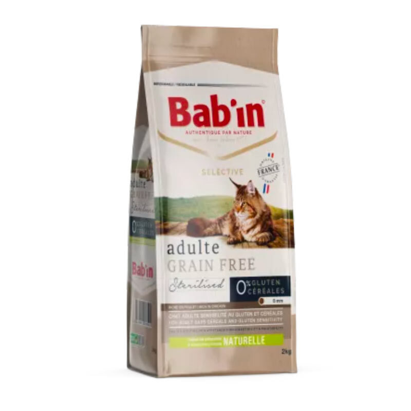  تصویر بسته بندی قدیمی غذای خشک گربه عقیم شده بابین با طعم ماهی سالمون Babin Adult Sterilised Grain Free وزن 1.5 کیلوگرم 