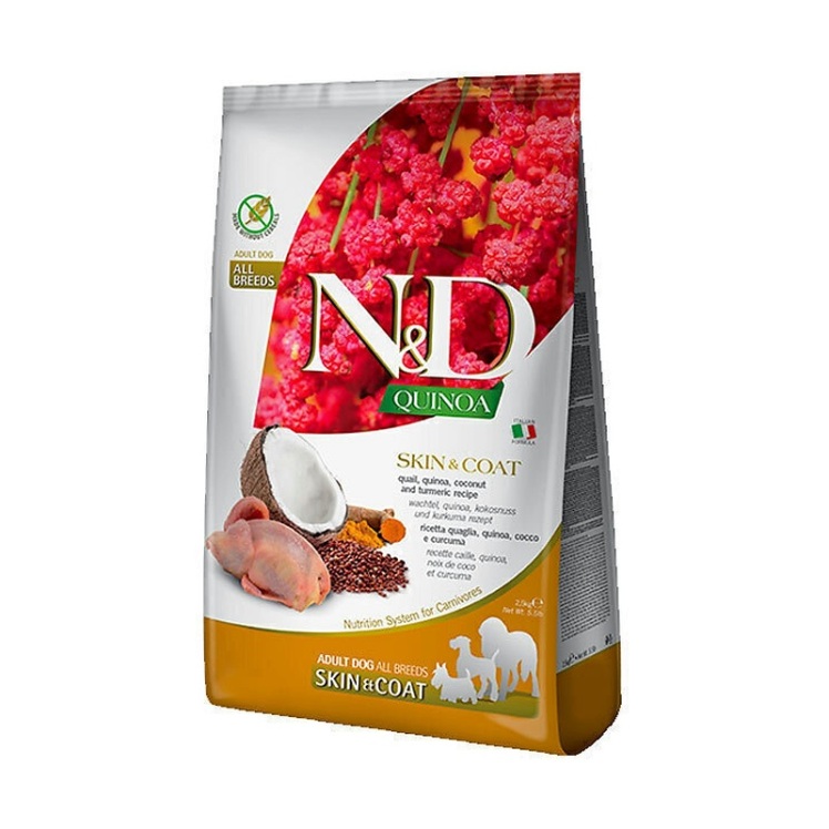 تصویر محتویات غذای خشک سگ بالغ با طعم بلدرچین و نارگیل ان اند دی مناسب برای پوست و مو وزن 800 گرم