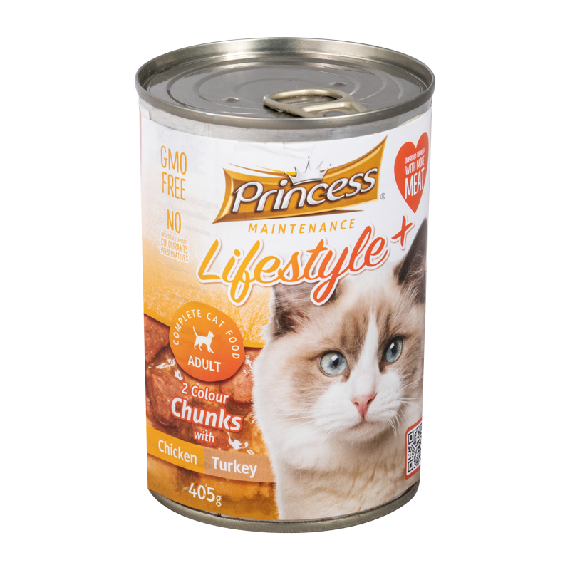  عکس تبلیغاتی بسته بندی کنسرو غذای گربه پرینسس مدل LifeStyle+ Chicken & Turkey وزن ۴۰۵ گرم 
