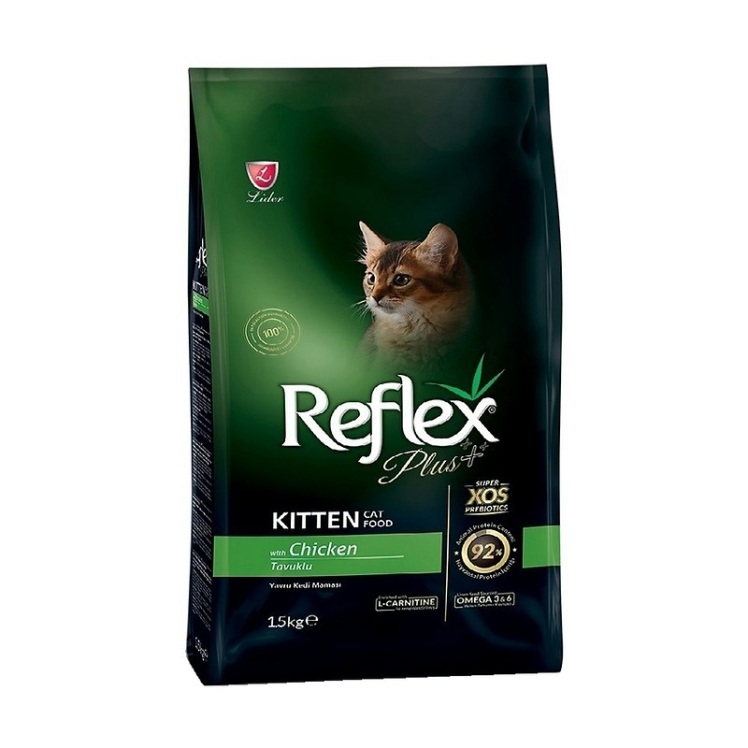 تصویر پشت بسته بندی غذای خشک بچه گربه رفلکس پلاس با طعم مرغ Reflex Plus Chicken Kitten وزن 15 کیلوگرم