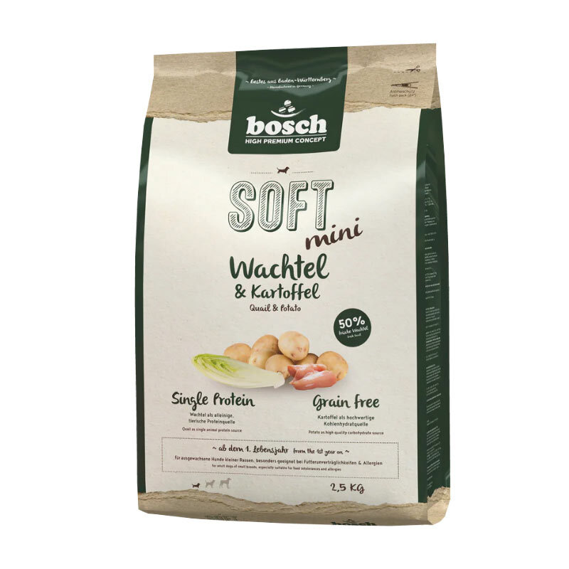  تصویر غذای خشک سگ بالغ بوش با طعم بلدرچین و سیب زمینی Bosch Soft Adult With Quail & Potato وزن 2.5 کیلوگرم 