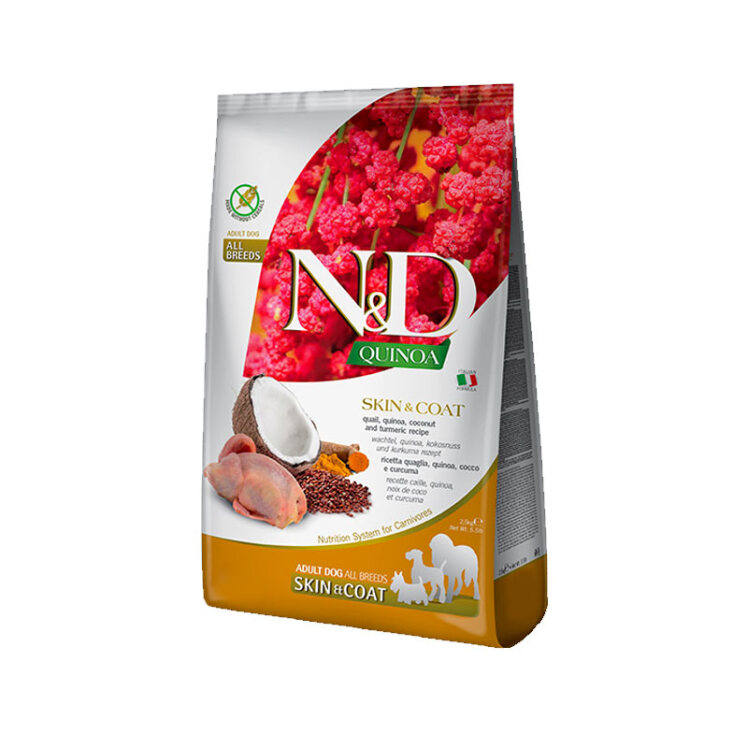 تصویر بسته بندی غذای خشک سگ بالغ با طعم بلدرچین و نارگیل ان اند دی مناسب برای پوست و مو وزن 800 گرم