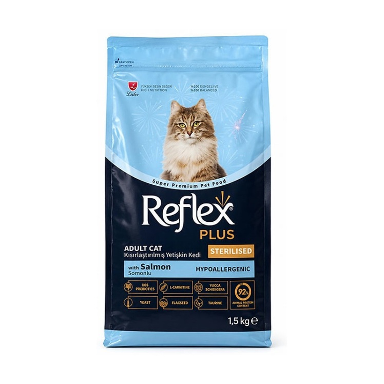تصویر غذای خشک گربه عقیم شده (استرلایزد) با طعم ماهی سالمون رفلکس پلاس Reflex Plus Sterilised with Salmon وزن 1.5 کیلوگر
