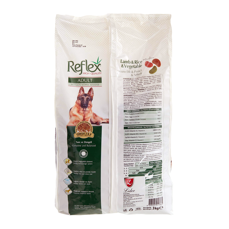  عکس پشت بسته بندی غذای خشک سگ رفلکس مدل Adult Lamb & Rice & Vegetable وزن 3 کیلوگرم 