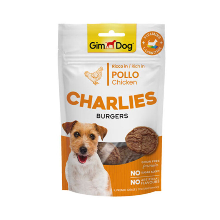 عکس تشویقی سگ جیم داگ چارلیز با طعم مرغ GimDog Charlies Burgers Chicken Dog Treat وزن 70 گرم