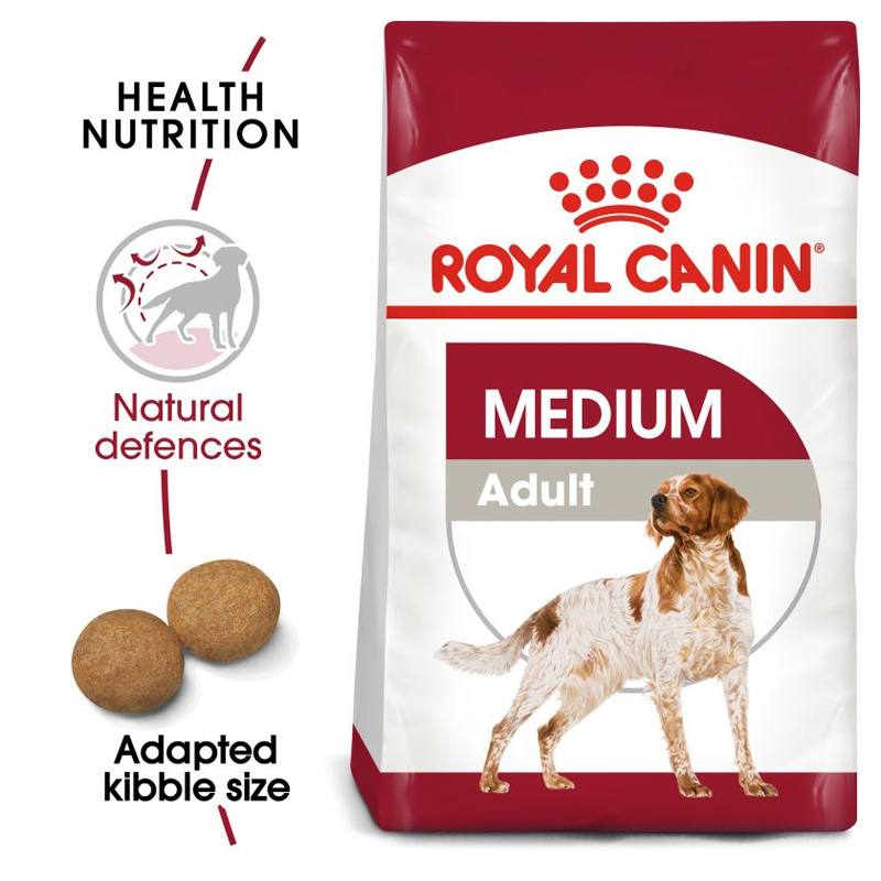  عکس جزییات بسته بندی غذای خشک سگ رویال کنین مدل Medium Adult وزن 4 کیلوگرم 