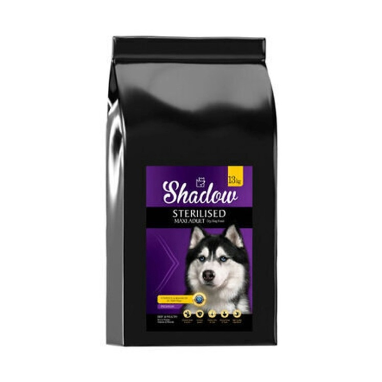 تصویر پشت بستهبندی غذای خشک سگ بالغ عقیم شده شدو Shadow Sterilised Maxi Adult وزن 13 کیلوگرم