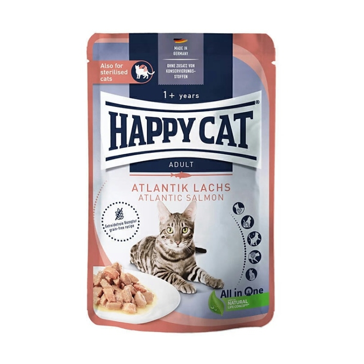 تصویر محتویات پوچ گربه هپی کت با طعم سالمون Happy Cat Culinary Atlantic Salmon وزن 85 گرم