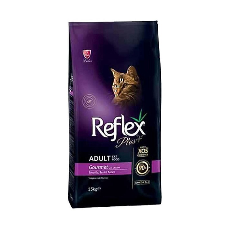 تصویر پشت بسته بندی غذای خشک گربه با طعم مرغ مدل گورمِ رفلکس پلاس Reflex Plus Adult Gourmet وزن 15 کیلوگرم