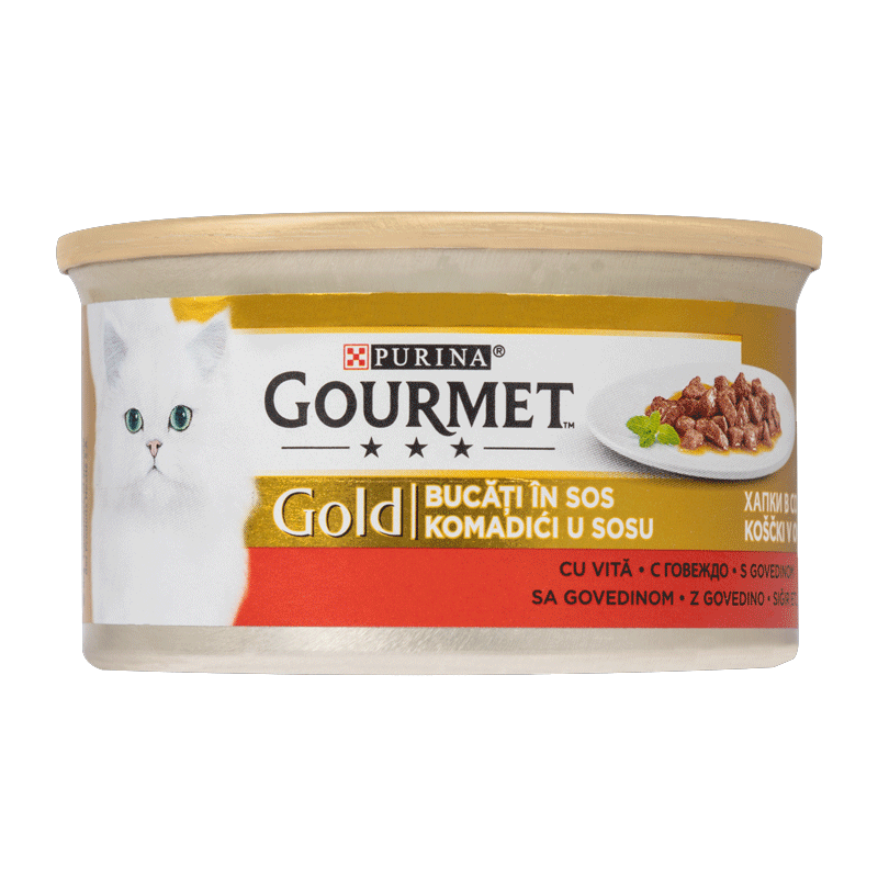  تصویر کنسرو غذای گربه گورمت مدل Gold Beef وزن ۸۵ گرم 