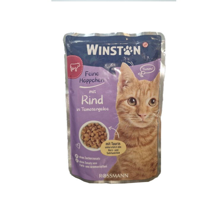 تصویر پوچ گربه وینستون با طعم گوشت گاو در ژله گوجه فرنگی Winston Beef In Tomato Jelly وزن 100 گرم