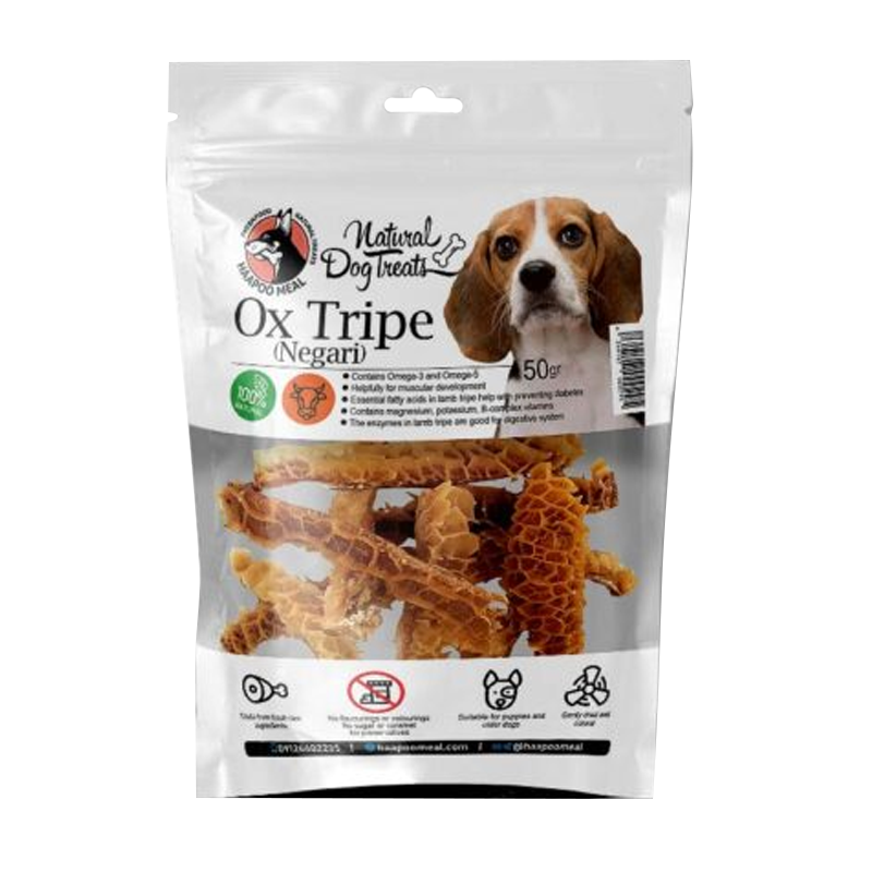  عکس بسته بندی تشویقی سگ هاپومیل مدل Ox Tripe وزن 50 گرم 