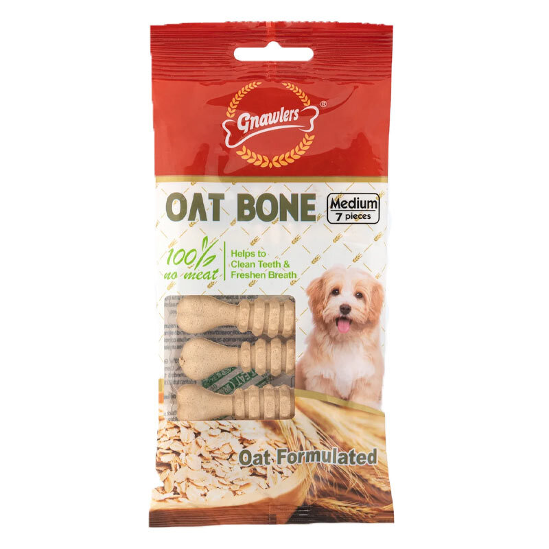  تصویر بسته بندی تشویقی سگ استخوان متوسط گناولرز با فرمولاسیون جو دو سر Gnawlers Medium Oat Bone Dog Treat بسته 7 عددی 