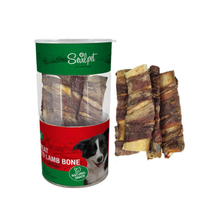 تصویر تشویقی دورپیچ گوشت گوساله روی استخوان بره سگ سویل پت Sevil Pet Beef Twisted Lamb Bone Dog Snack بسته 4 عددی