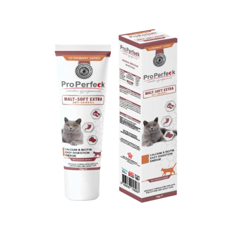 تصویر بسته بندی خمیر مالت همراه با مولتی ویتامین گربه پروپرفک Properfeck Cat Malt Soft Extra Paste وزن 100 گرم