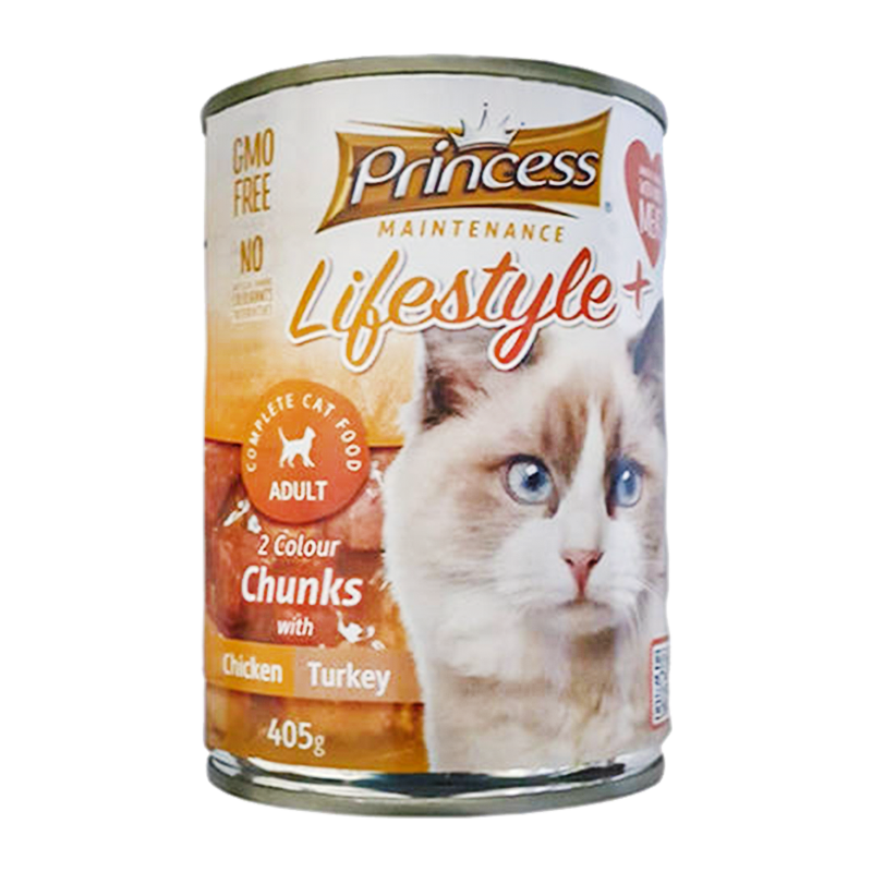  عکس بسته بندی کنسرو غذای گربه پرینسس مدل LifeStyle+ Chicken & Turkey وزن ۴۰۵ گرم 