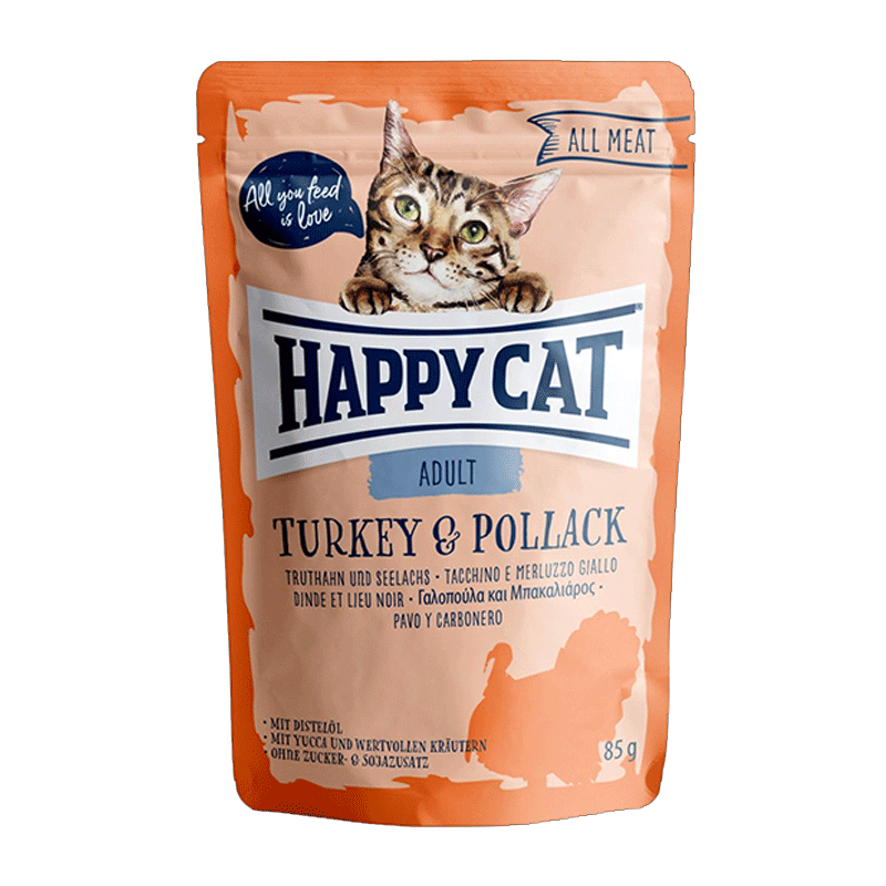 تصویر پوچ گربه هپی کت مدل Adult Turkey & Pollack وزن ۸۵ گرم