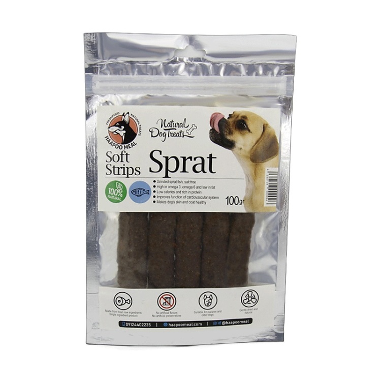 تصویر محتویات تشویقی سگ هاپومیل مدل Sprat Soft Strips وزن 100 گرم