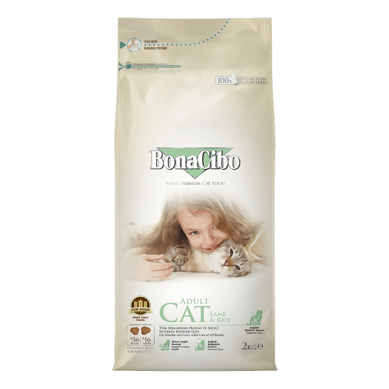  عکس بسته بندی غذای خشک گربه بوناسیبو مدل Adult Lamb & Rice وزن 2 کیلوگرم 