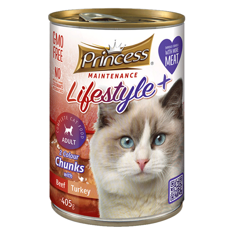  تصویر کنسرو غذای گربه پرینسس مدل LifeStyle+ Beef & Turkey وزن ۴۰۵ گرم 