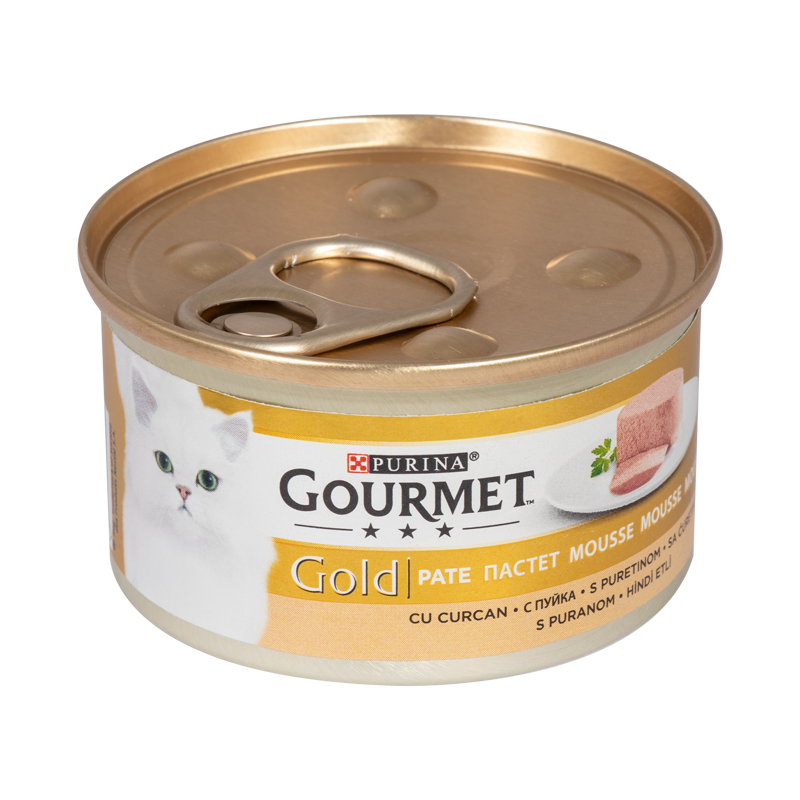  عکس تبلیغاتی بسته بندی کنسرو غذای گربه گورمت مدل Gold Turkey وزن ۸۵ گرم 
