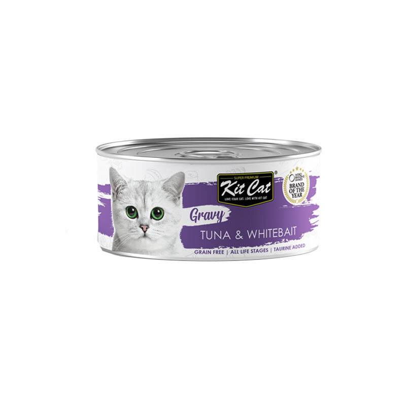  تصویر کنسرو غذای گربه کیت کت با طعم ماهی تن و بچه ماهی KitCat Tuna & Whitebait In Gravy وزن 70 گرم 