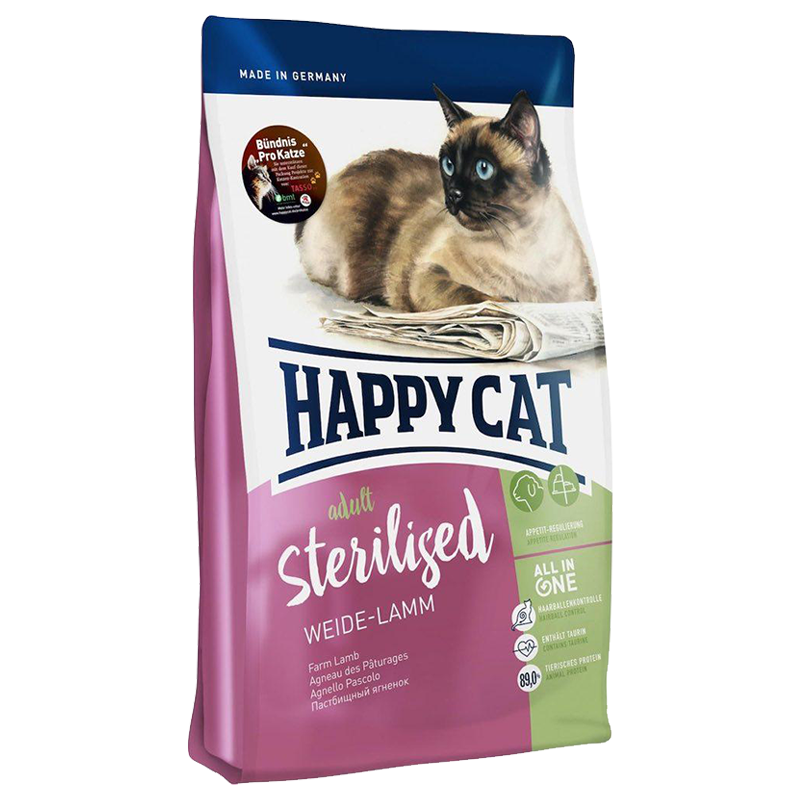  عکس بسته بندی غذای خشک گربه هپی کت مدل Adult Sterilised Weide-Lamm وزن 10 کیلوگرم 