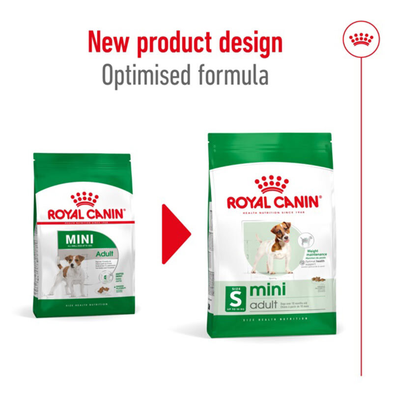  عکس بسته‌بندی جدید و قدیمی غذای خشک سگ بالغ نژاد کوچک رویال کنین مدل Royal Canin Mini Adult وزن 2 کیلوگرم 