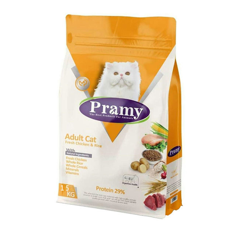  عکس بسته بندی غذای خشک گربه پرامی مدل Fresh chicken and rice وزن 15 کیلوگرم 