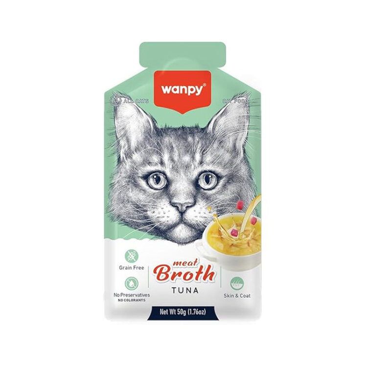 عکس بستهبندی سوپ گربه ونپی با طعم ماهی تن Wanpy Cat Meat Broth With Tuna وزن 50 گرم