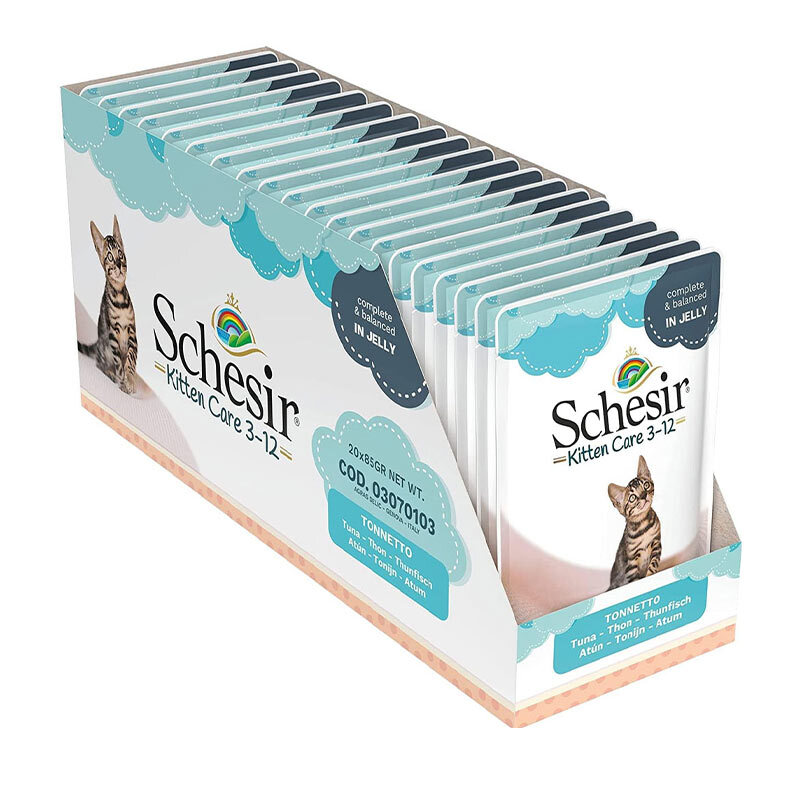  عکس بسته‌ پوچ گربه شسیر با طعم ماهی تن Schesir Kitten Care Tonnetto وزن 85 گرم 