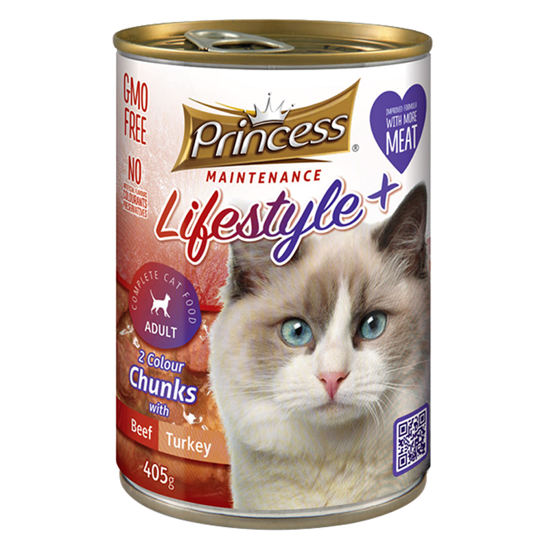  عکس تبلیغاتی بسته بندی کنسرو غذای گربه پرینسس مدل LifeStyle+ Beef & Turkey وزن ۴۰۵ گرم 