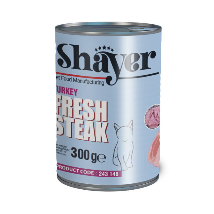 تصویر کنسرو غذای گربه استیک شایر با طعم گوشت بوقلمون Shayer Fresh Steak Turkey وزن 300 گرم از نمای رو به رو