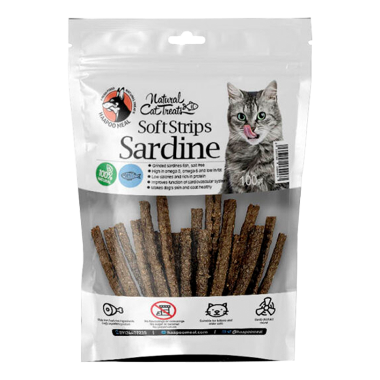 عکس بسته بندی تشویقی گربه هاپومیل مدل Sardine Soft Strips وزن ۱۰۰ گرم