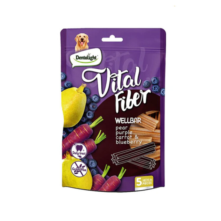تصویر تشویقی سگ ویتال فیبر دنتالایت با طعم گلابی، هویج بنفش و بلوبری Dentalight Vital Fiber Wellbar بسته 5 عددی