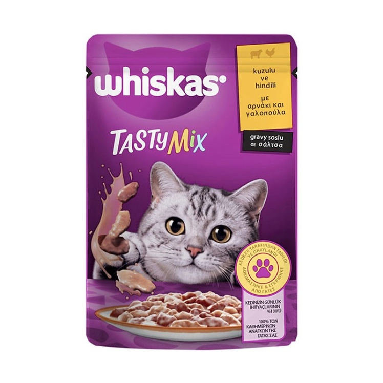 عکس پوچ گربه ویسکاس با طعم میکس بره و بوقلمون در سس Whiskas Tasty Mix With Lamb & Turkey in Gravy وزن 85 گرم از نمای پشت