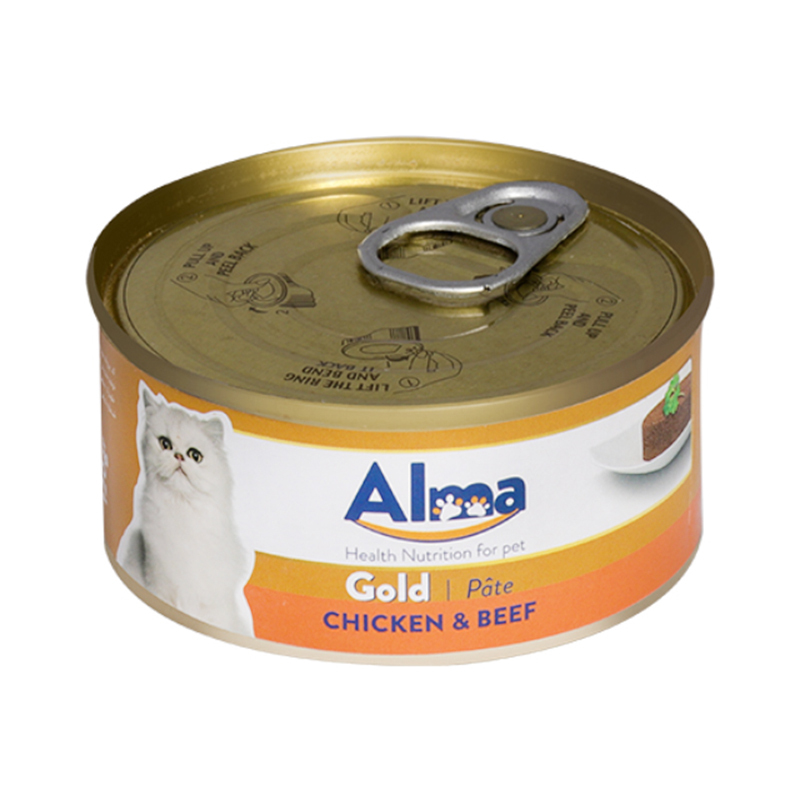  عکس کامل کنسرو غذای گربه آلما مدل Gold Chicken & Beef وزن 120 گرم 